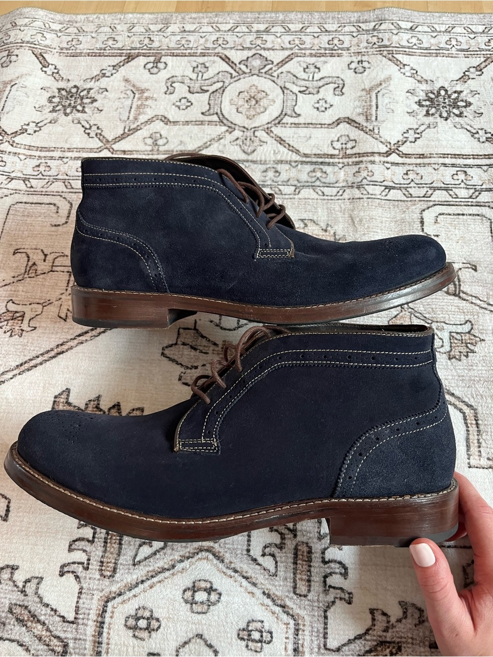 Johnston & Murphy Navy Suede Chukka Boots with Brown Laces